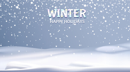 Snowy winter scene with falling snow and happy holidays greeting