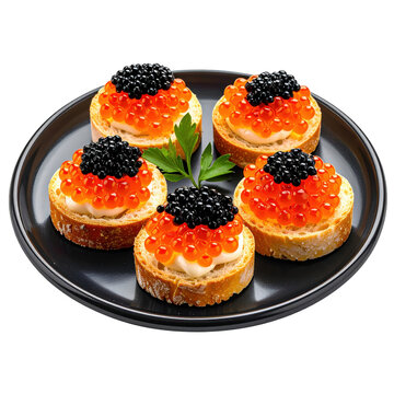 Gourmet canap&eacute;s topped with black caviar on a dark plate,isolated on white background perfect for upscale catering and special occasion menus
