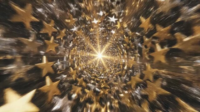 Abstract tunnel of gold and silver star shapes moving rapidly towards a bright central light source, creating a sense of speed and celebration