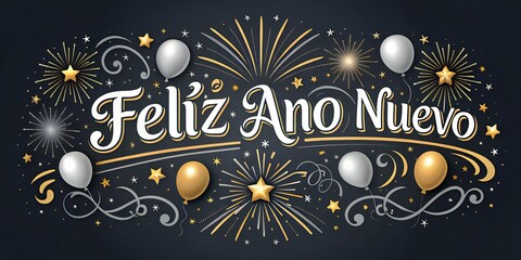 Feliz Ano Nuevo Fireworks and Balloons Celebration Design 2026