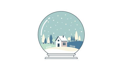 Minimalist Flat Color Snow Globe Vector with Winter House and Snowfall
