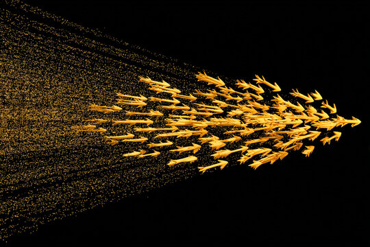 swarm of golden arrows moving together in a united direction