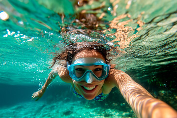 Happy young woman snorkeling in the sea, smiling