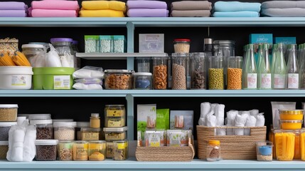 Organized pantry with jars and containers displaying colorful food items in bright setting