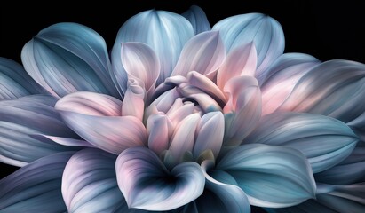 Close-up of elegant dahlia flower rendered in soft pastel shades against black 
background, evoking ethereal beauty and delicate petals