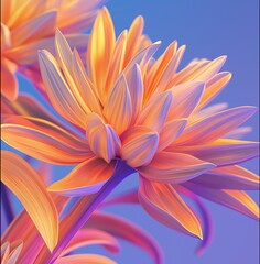 Close-up of orange flower with purple petals set against blue background, long petal-like leaves appearing in full bloom