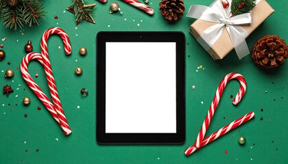 Festive Christmas tablet screen surrounded by candy canes pine cones and gift.