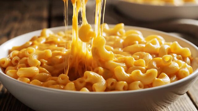 A close-up of mac and cheese in a white bowl with a fork, wooden background