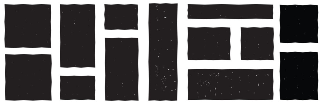 Vector wavy rectangles  with black texture, irregular black text boxes. Crayon drawn squares and rectangles,doodle hand drawn frames with irregular uneven shapes,