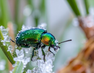 Naklejka premium Emerald Beetle in Crystal Embrace: A stunning emerald beetle, showcasing its iridescent shell, is delicately adorned with a sparkling crown of ice crystals, resting on a crisp, green needle.