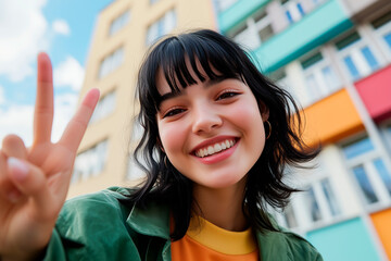 Young Asian woman taking a selfie making a peace sign on a trip