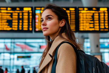 businesswoman traveler standing at airport looking at flight information board