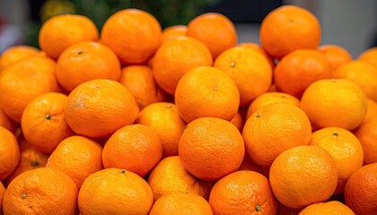 A vibrant pile of fresh, ripe oranges stacked high in a market display.