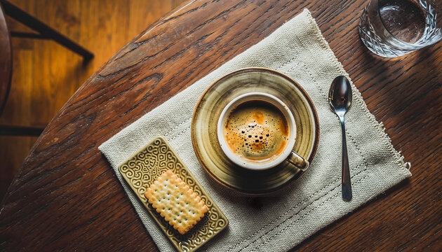 Top view of a cup of black coffee, a rectangular biscuit, and a glass of water arranged on a wooden table with a linen napkin.