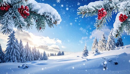 Enchanting Winter Wonderland Forest Scene with Snowfall and Sunlight.