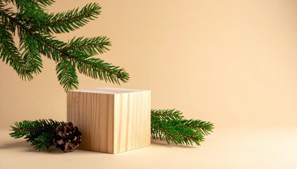 Minimalist wooden cube pedestal with pine branches and pine cone.