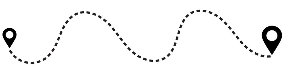 Black and white icon representing a winding dotted line path connecting two location map pin markers, isolated on transparent background