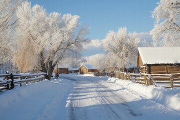 Frozen winter lane with sunlit trees and crisp cold air