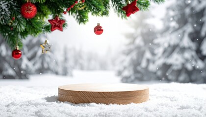 Festive wooden podium for Christmas product display in snowy winter forest.