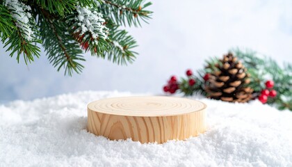 Wooden podium on snow with pine branches and berries for winter display.
