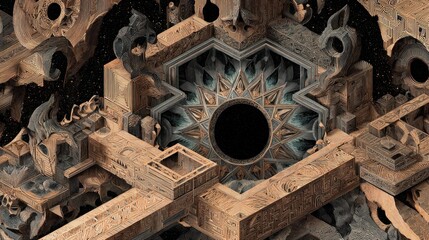 Complex wooden structure with central void