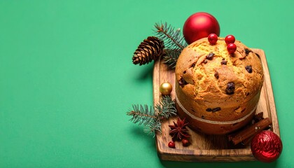 Festive Panettone Cake with Traditional Christmas Decorations on Wooden Board.