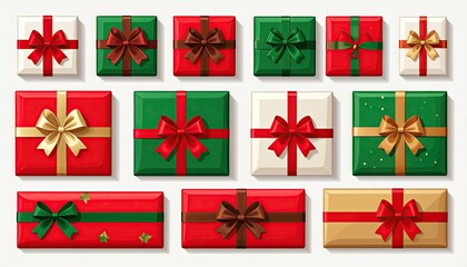 Assortment of festive gift boxes wrapped with colorful ribbons and bows for holiday celebrations.