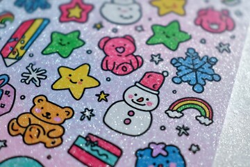 Obraz premium Close up of cute christmas stickers on paper with glitter background