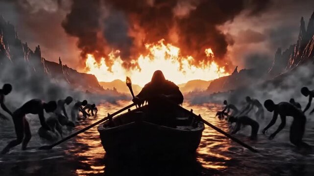 The boatman traveling along the river Styx in search of souls with the eternal fire of the underworld in the background, illuminated by a small torch.	
