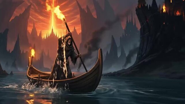 The boatman traveling along the river Styx in search of souls with the eternal fire of the underworld in the background, illuminated by a small torch.	
