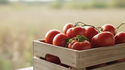 Wooden crate full of fresh ripe red tomatoes on a rustic table in front of a window with a blurred green landscape in the background, showcasing the concept of farm to table food and harvest