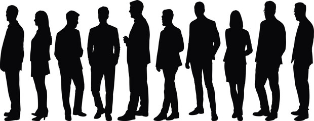 Business silhouettes row, professional standing figures, corporate attire poses, career concept illustration, posture reference set, formal vector pack
