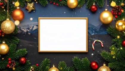 Festive Christmas frame decorated with ornaments and fir branches for holiday greetings.