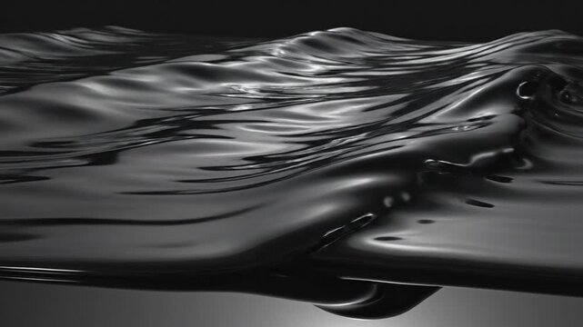 Seamless loop of dark metallic fluid oscillating and rippling in slow, heavy waves across a reflective surface computer generated, design, slow