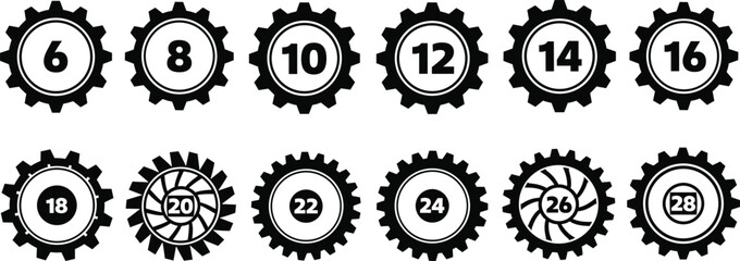 Black Gear or Cogwheel with Numbers Icon Set Vector