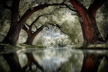Ancient thick-barked trees with sprawling limbs stretch over reflective lake water on a muted overcast day Concept of timeless natural grandeur