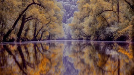Golden autumn willow trees leaning over still mirrorlike water with warm reflections and soft evening tones Concept of peaceful seasonal change