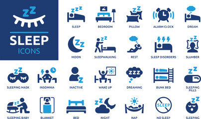 sleep, icons, collection, set, bedroom, pillow, alarm clock, dream, moon, sleepwalking, rest, sleep disorders, slumber, sleeping mask, insomnia, inactive, wake up, dreaming, bunk bed, sleeping pills, 