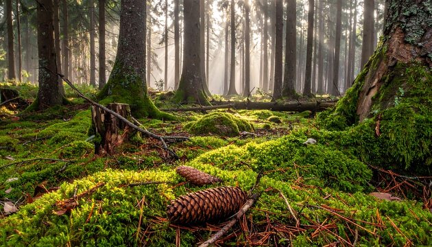 Lush Forest Floor with Moss and Pine Cones in Autumn. - Powered by Adobe