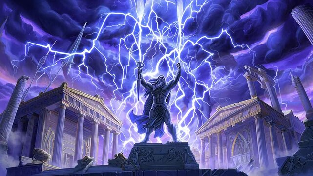 Majestic Zeus Statue Amidst Lightning Storm with Ancient Temple Architecture