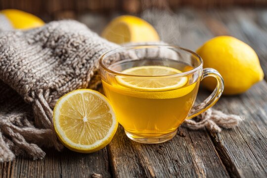 Warm lemon tea in a glass cup with fresh lemon slices on wooden table with cozy scarf nearby during a chilly morning - Powered by Adobe