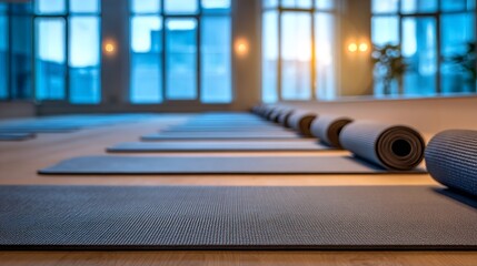 Yoga mats neatly arranged in a bright studio ready for a wellness class in the early morning