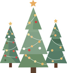 Vibrant Layered Christmas Tree Illustration. Single Festive Pine Decorated with Baubles, Garlands, and a Golden Star Topper.