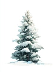 Watercolor illustration of a snow-covered pine tree, clip art