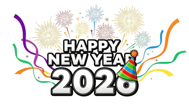 Happy New Year 2020 celebration with party hat and confetti illustration.