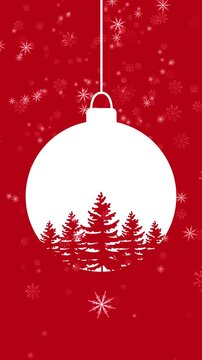Minimalist Red And White Christmas Background With Hanging Ornament And Falling Snow. Vertical Format Suitable For Social Media Stories And Holiday Greeting Cards.