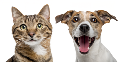Funny portrait of a cat and a dog with surprised and excited expressions, both looking directly at the camera, isolated on a white background