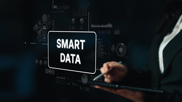 Business professional interacting with digital data visualization and smart data technology in a modern office setting. Asymptotic smart data analytic. - Powered by Adobe