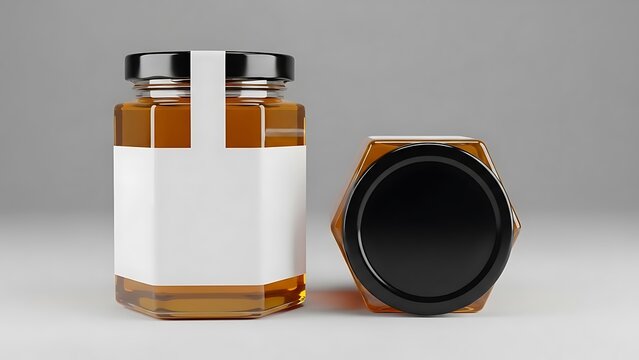 Hexagonal honey jar mockup with blank label, for product display