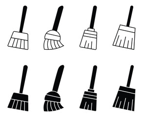 Set of broom line icon. Cleaning tool broom icon in black silhouette. Clean broomstick. Various brooms silhouette. Vector illustration.